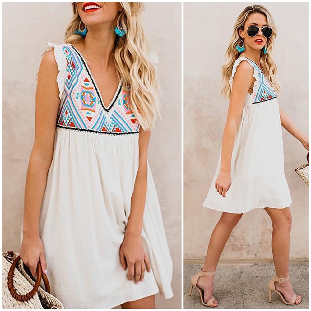 Neon Aztec Mini Dress-Wht